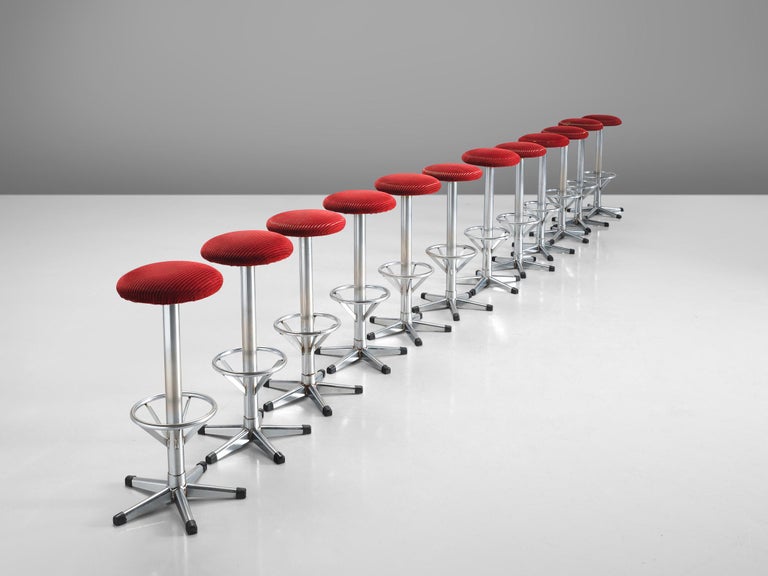 Bar Stools in Metal and Red Corduroy Upholstery