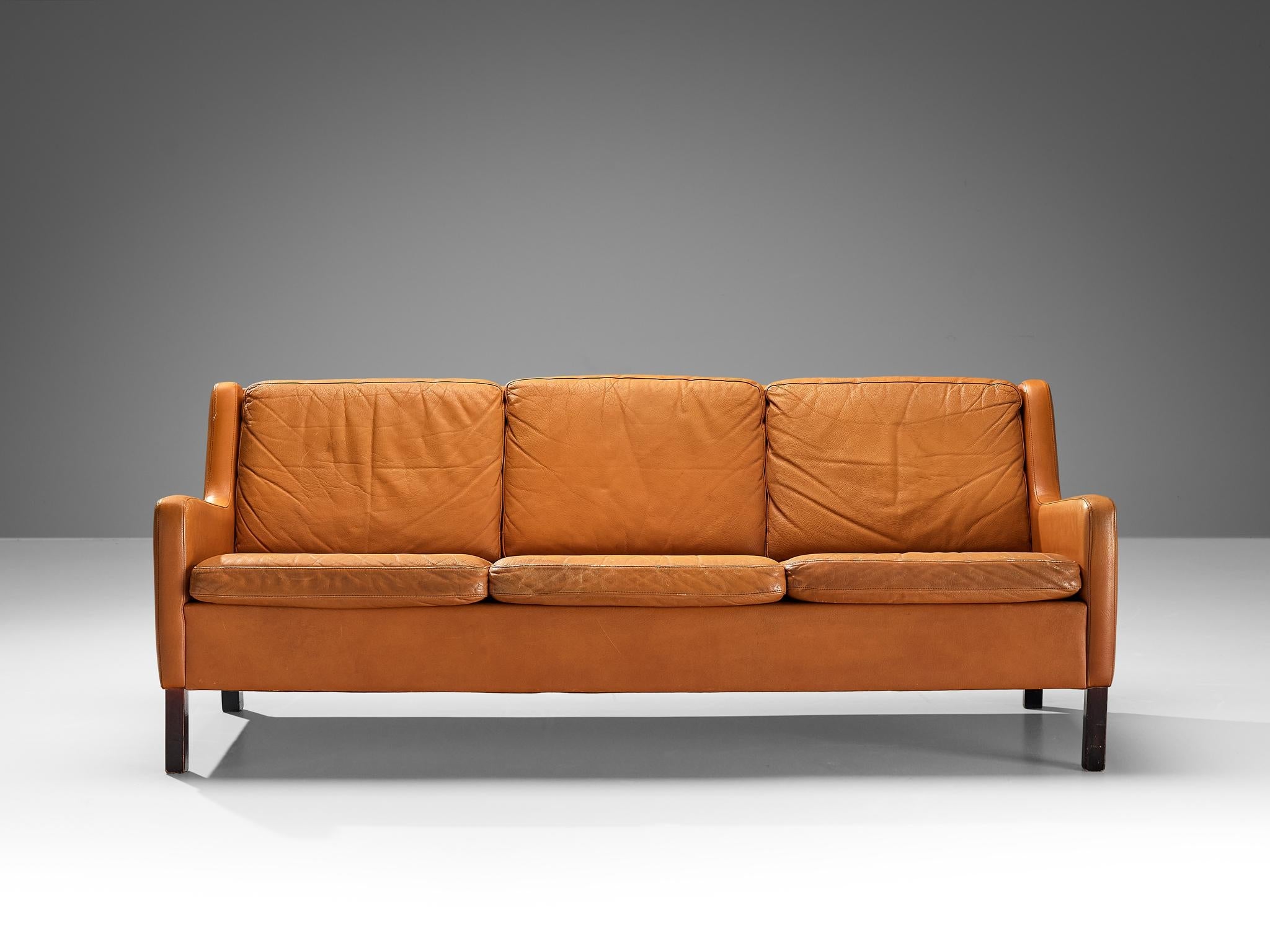 Danish Three-Seat Cognac Leather Sofa