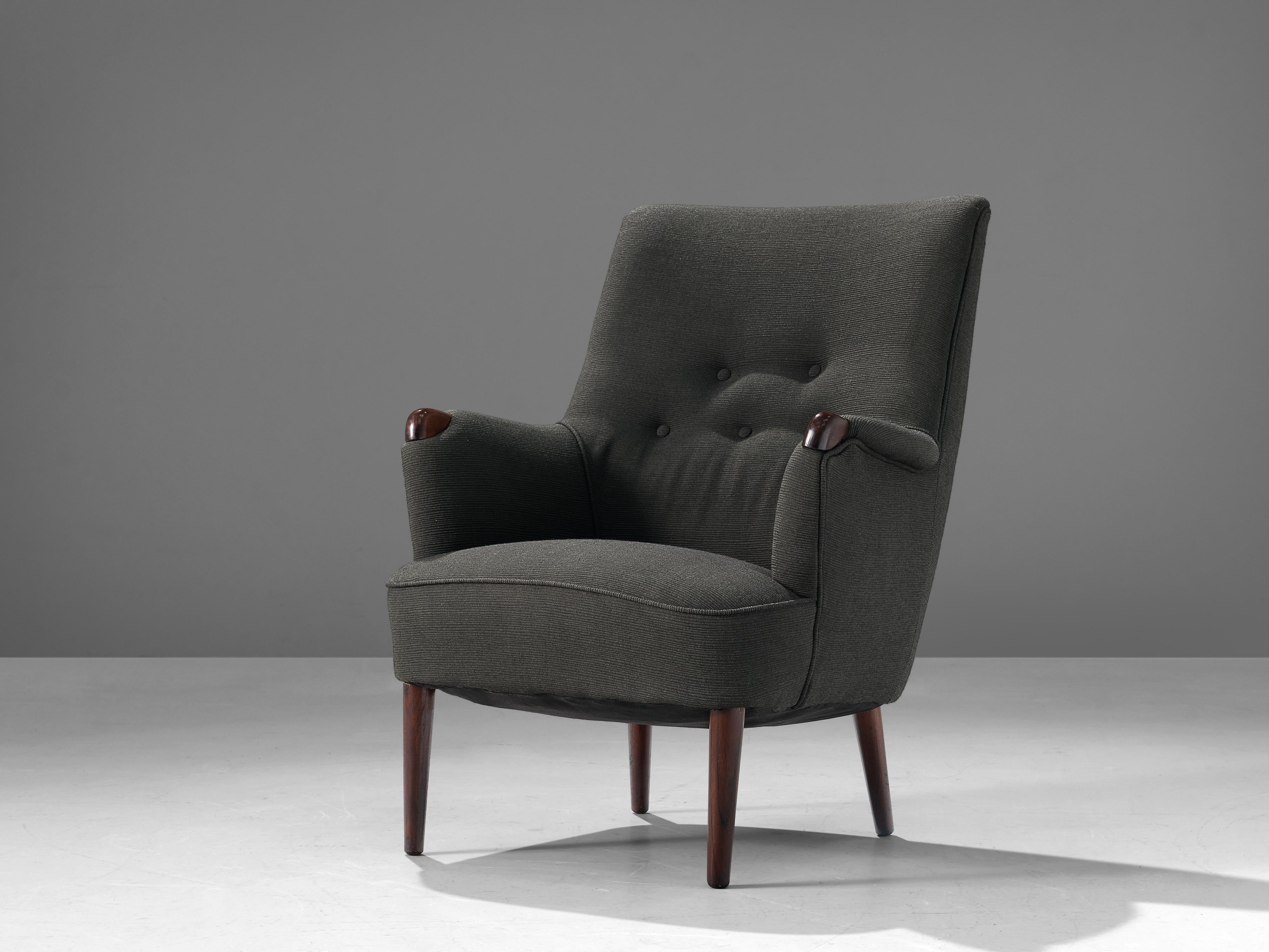 Scandinavian Wingback Lounge Chair in Grey Upholstery and Teak