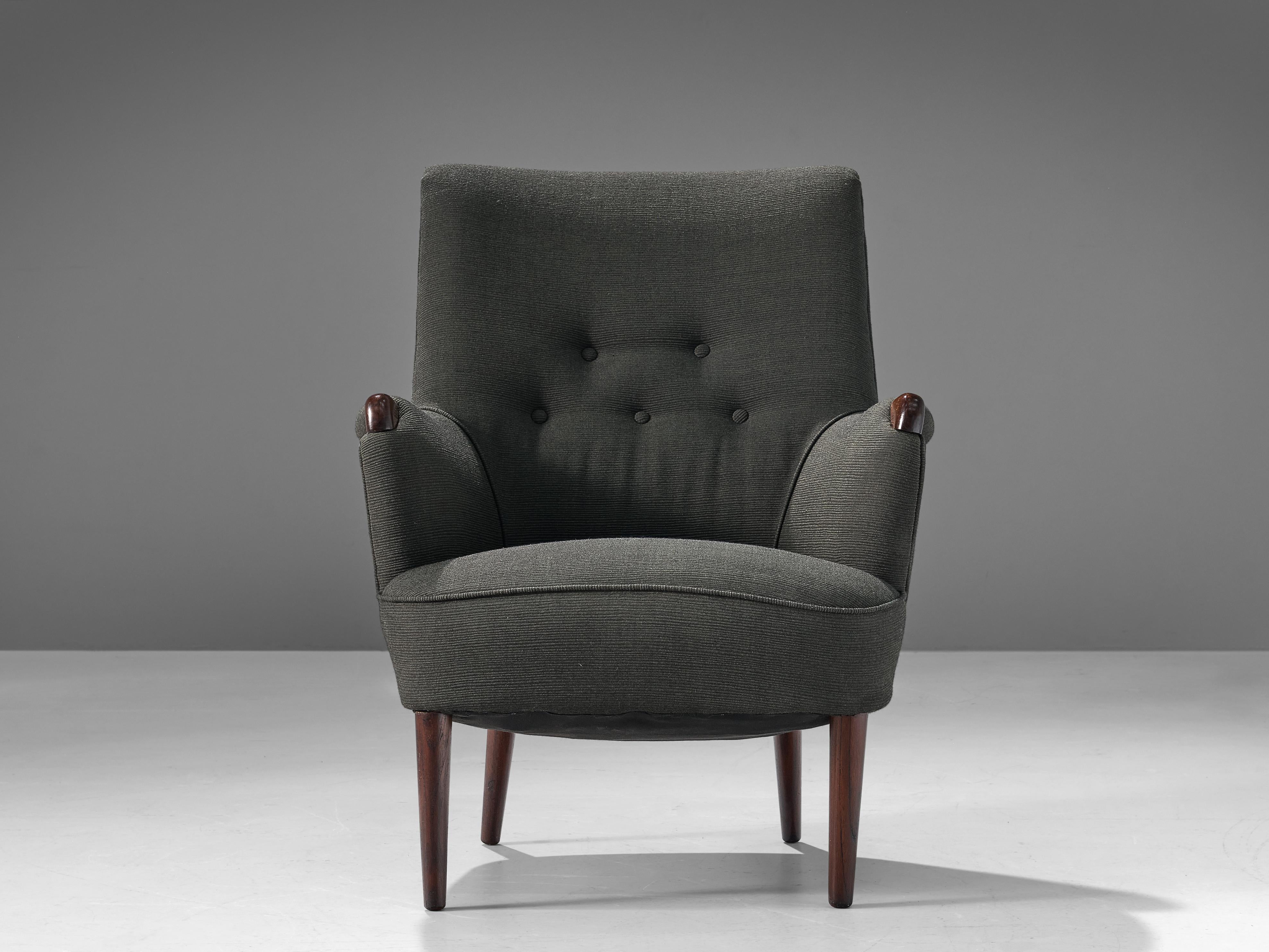 Scandinavian Wingback Lounge Chair in Grey Upholstery and Teak