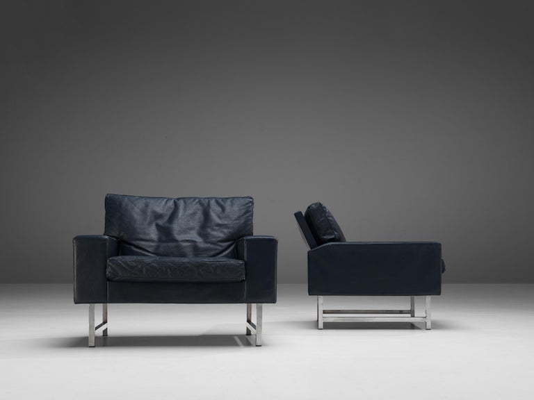 Scandinavian Pair of Lounge Chairs in Deep Blue Leather