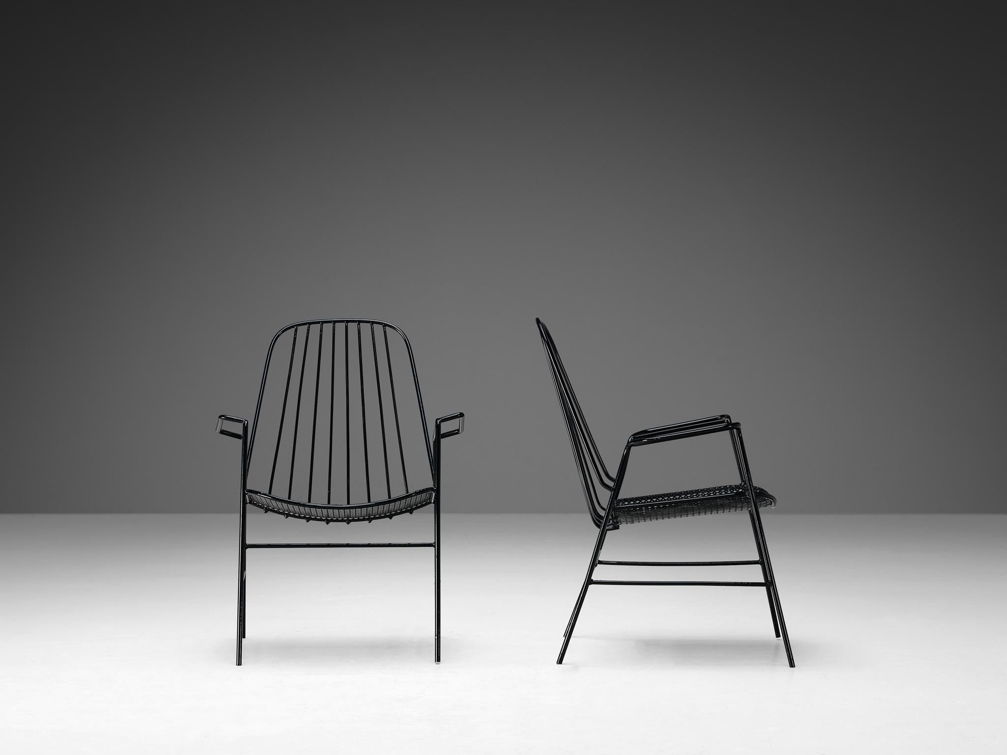 French Pair of Patio Chairs in Black Lacquered Iron