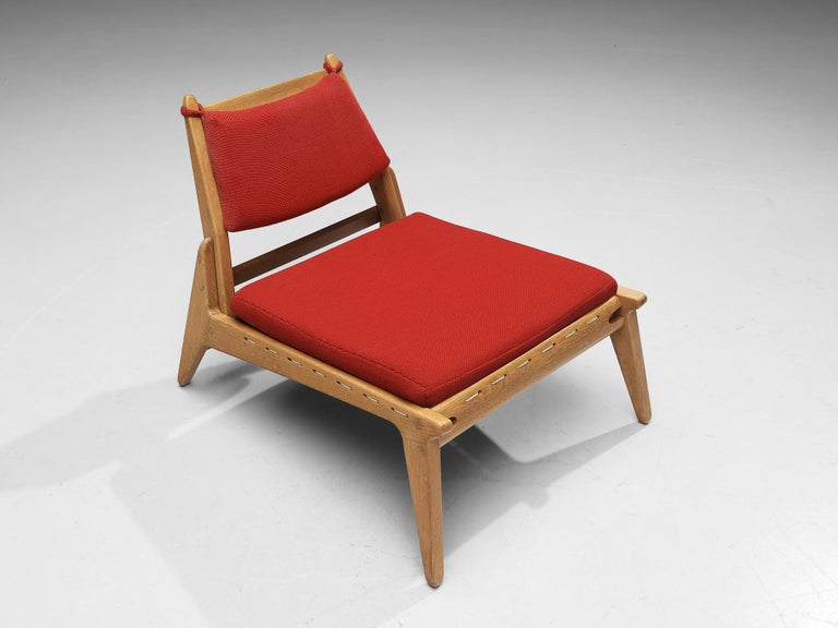 Low Lounge Chair with Ottoman in Oak and Red Upholstery