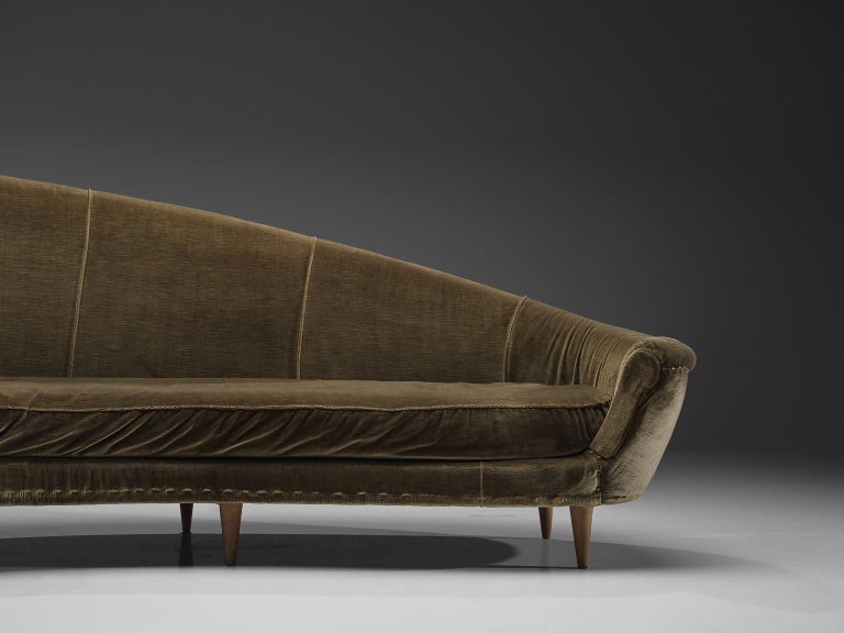 Elegant Italian Sofa in Dynamic Shape and Olive Green Velvet Upholstery