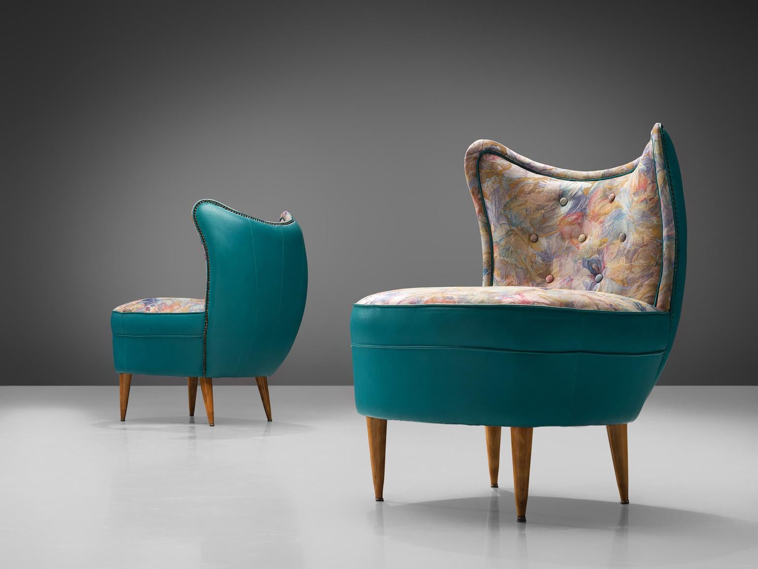 Classic Italian Pair of Lounge Chairs in Turquoise Leatherette