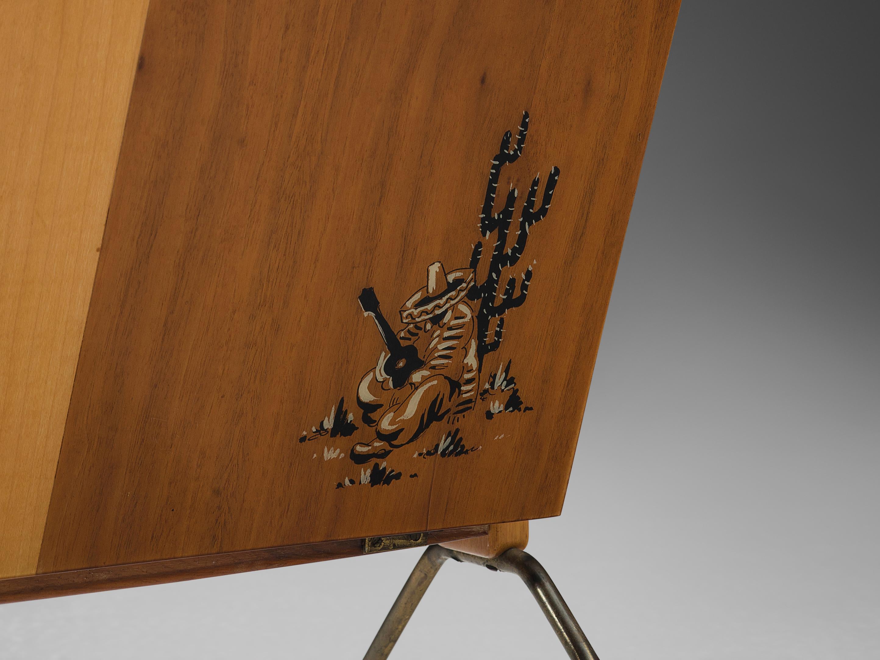 Italian Foldable Magazine Rack in Walnut and Brass with Illustrations