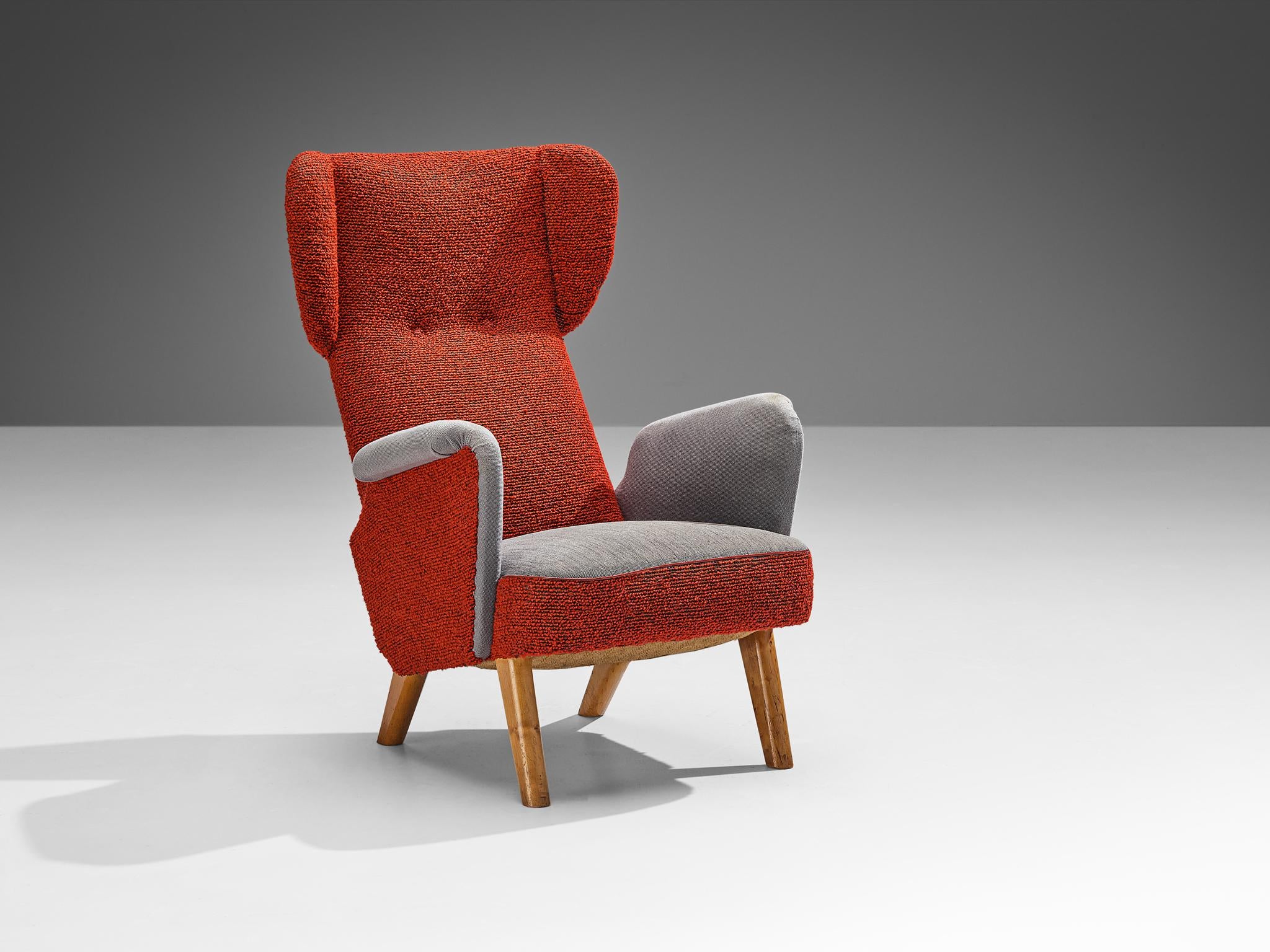 Carl Gustaf Hiort Wingback Chair in Red and Grey Upholstery
