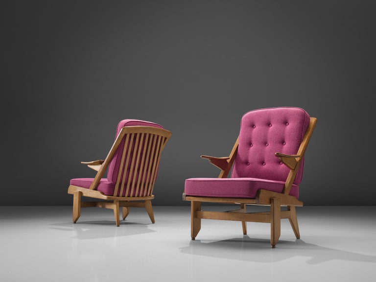 Guillerme & Chambron Pair of Lounge Chairs in Oak and Pink Upholstery