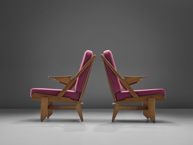Guillerme & Chambron Pair of Lounge Chairs in Oak and Pink Upholstery
