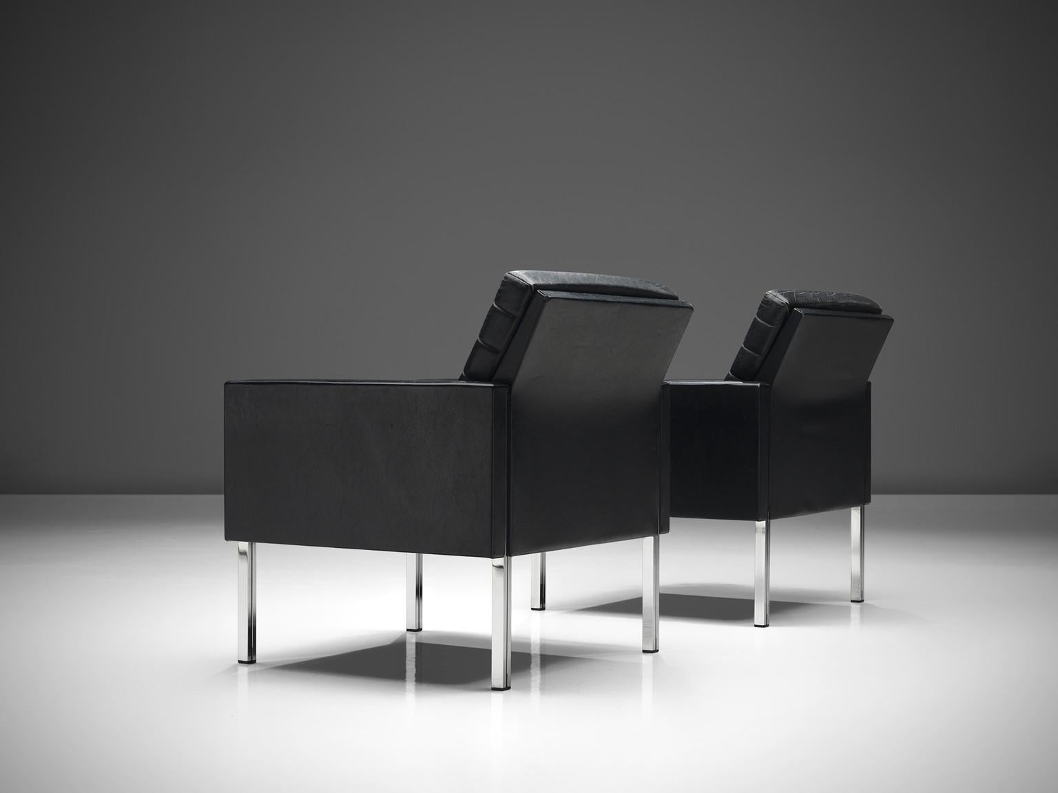 Danish Pair of Armchairs in Black Leather and Steel