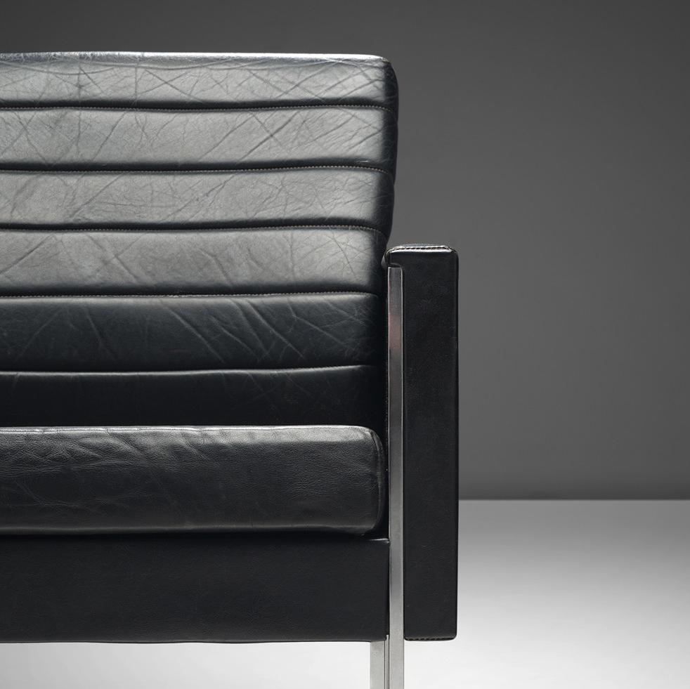 Danish Pair of Armchairs in Black Leather and Steel
