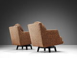 Edward Wormley Pair of Swivel Chairs in Mahogany and Patterned Upholstery