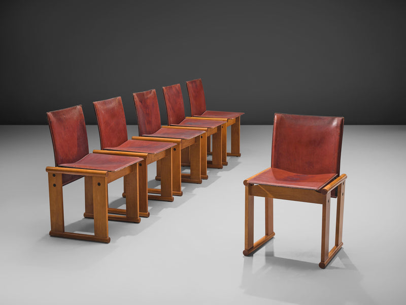 Afra & Tobia Scarpa Set of Six Dining Chairs in Red Patinated Leather