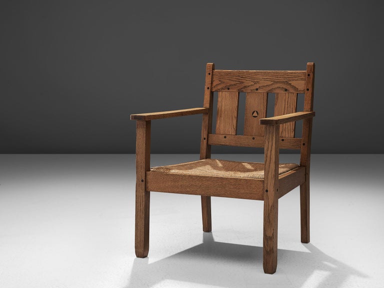 Early Dutch Lounge Chair in Oak and Rope