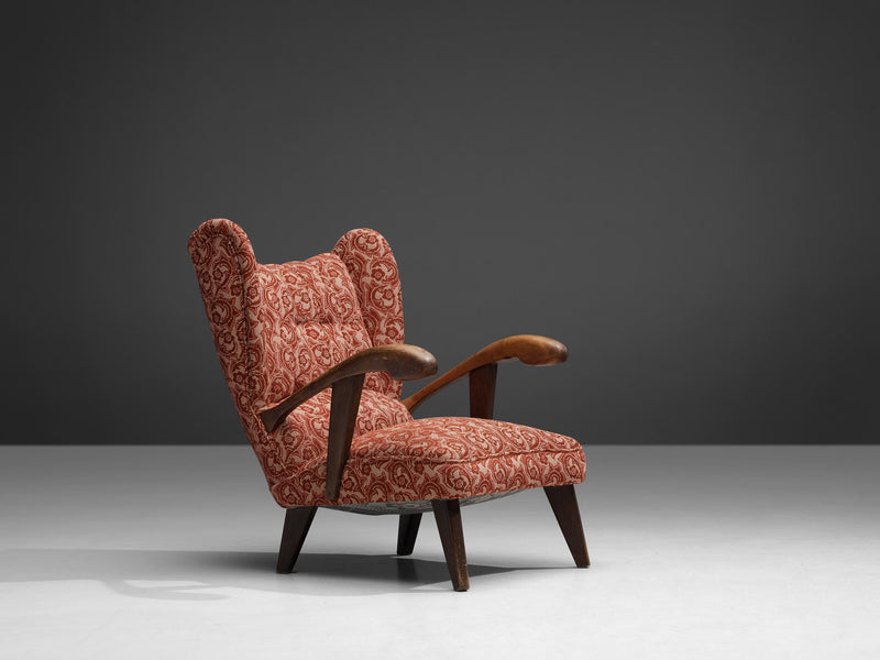 Sculpted Lounge Chair in Walnut and Red Floral Upholstery