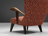 Sculpted Lounge Chair in Walnut and Red Floral Upholstery