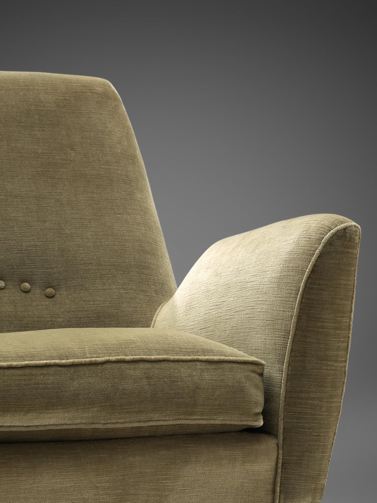 Italian Lounge Chair in Olive Green Velvet Upholstery