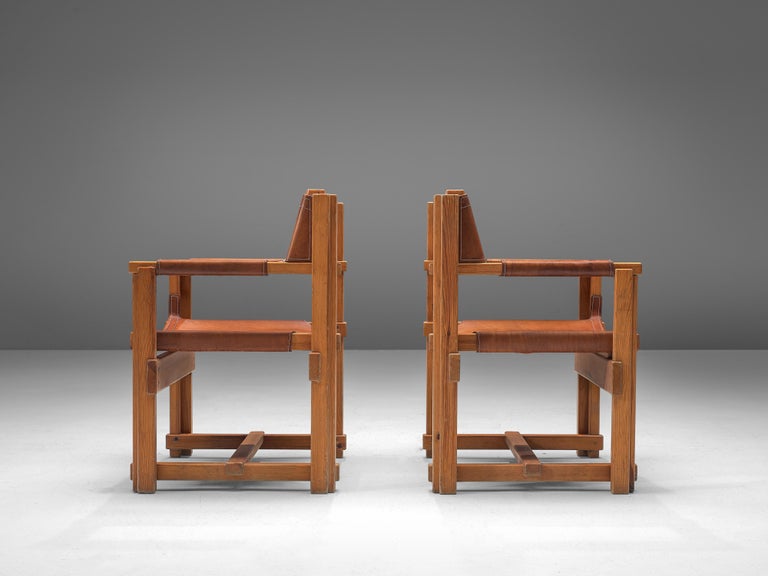 Joan Pou Pair of Spanish Armchairs in Pine and Cognac Leather