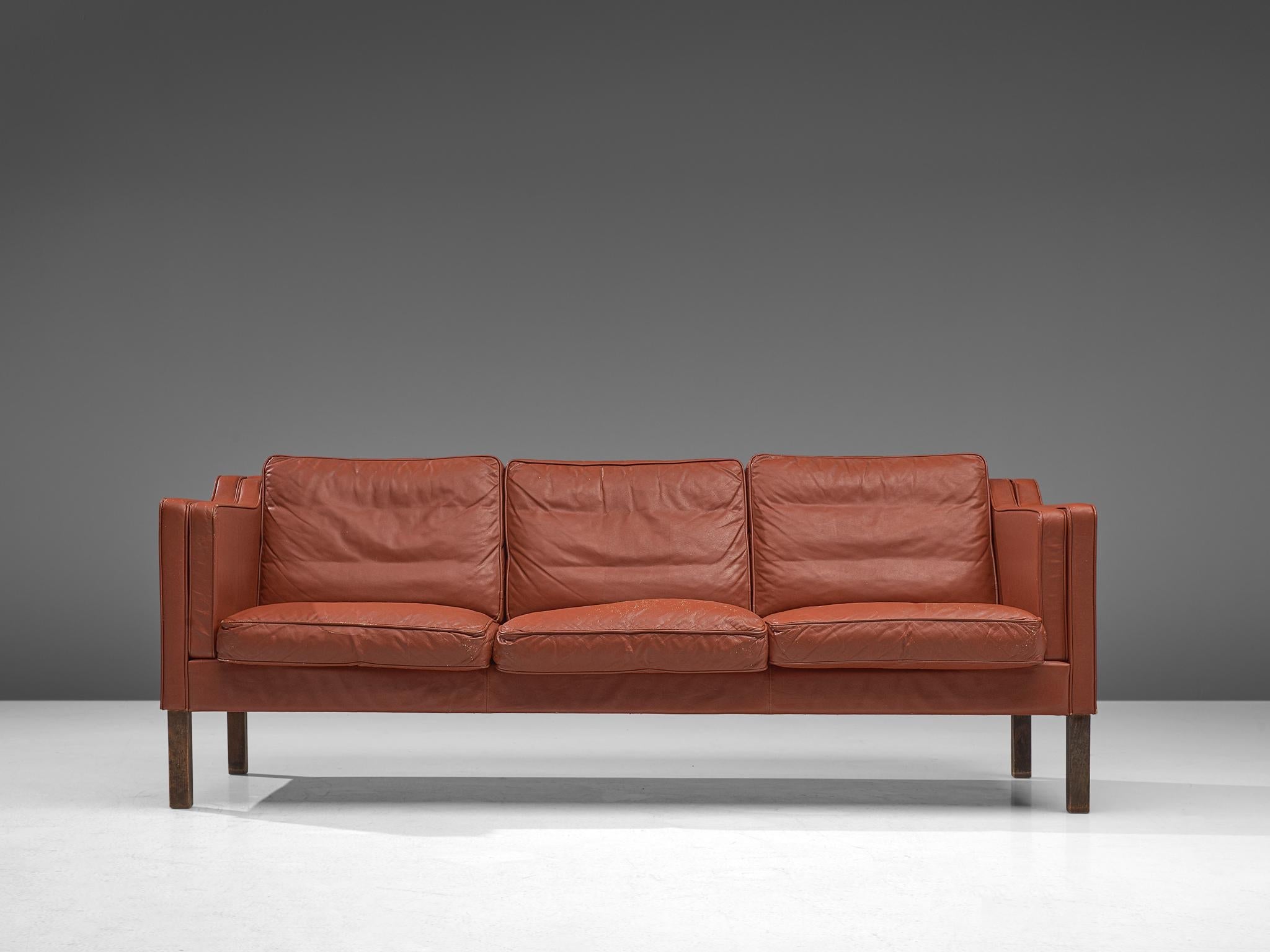 Danish Three-Seater Sofa in Red Leather
