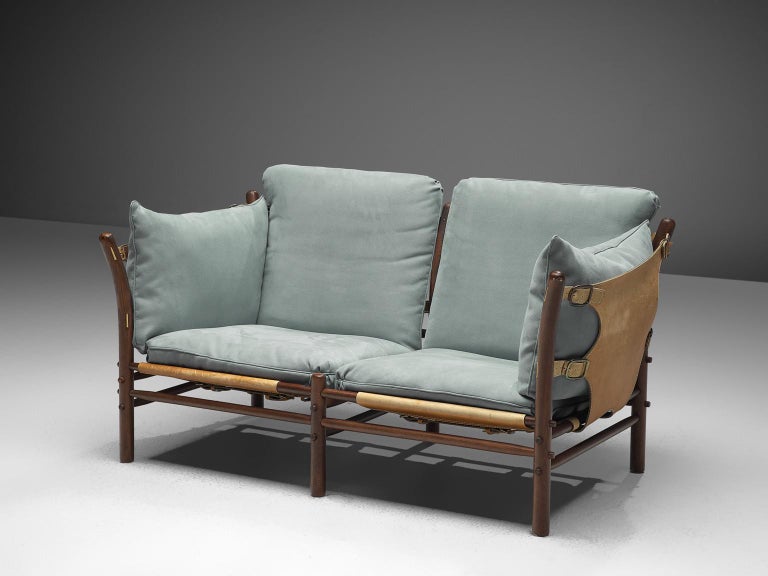 Arne Norell 'Ilona' Sofa with Buffalo Leather and Sky Blue Fabric