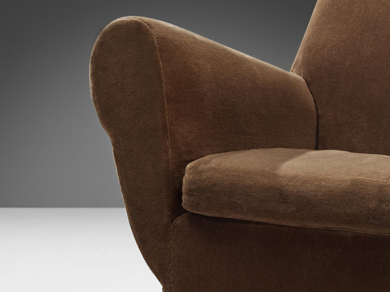 Delicate Italian Pair of Lounge Chairs in Teak and Brown Velvet