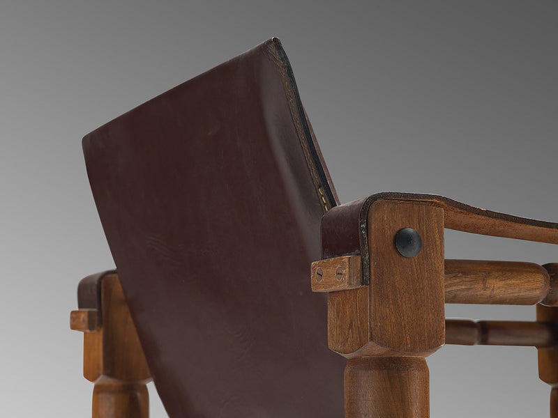 Safari Armchair in Brown Leather with Sculptural Wooden Frame
