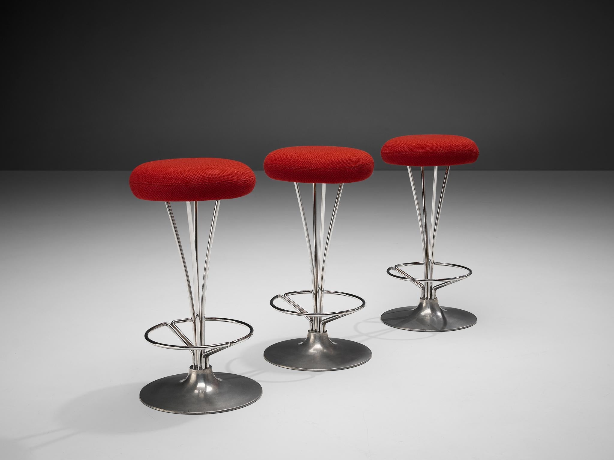 Piet Hein for Fritz Hansen Set of Three Metal Bar Stools with Red Seats