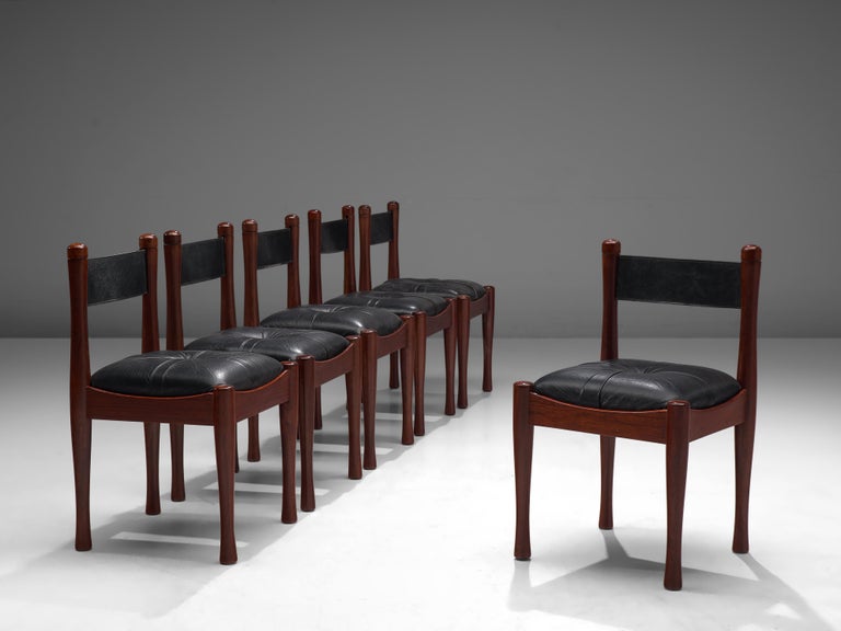 Silvio Coppola for Bernini Set of Six Dining Chairs in Wood and Leather