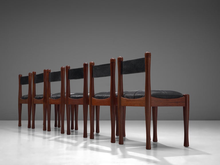 Silvio Coppola for Bernini Set of Six Dining Chairs in Wood and Leather