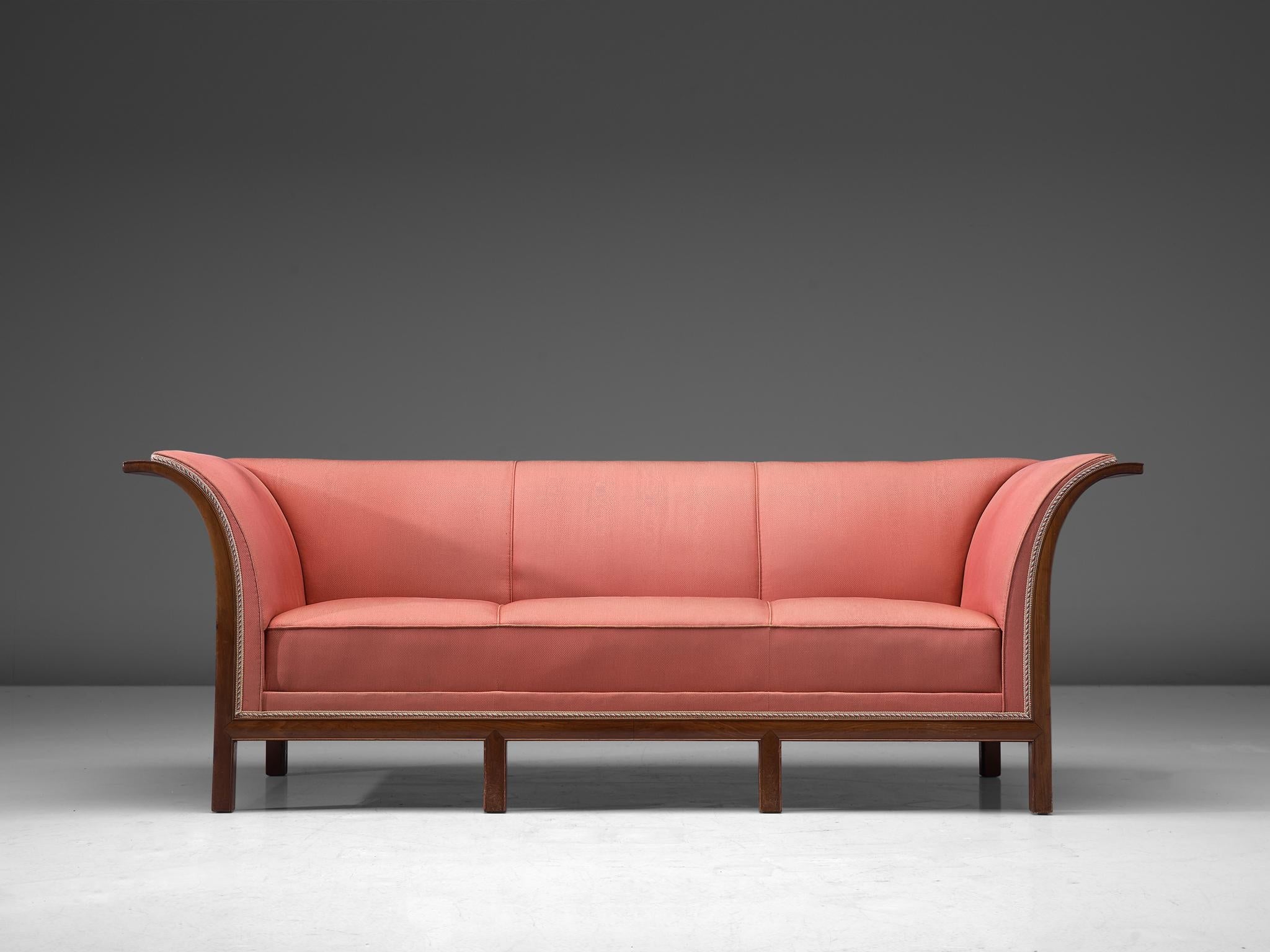 Frits Henningsen Sofa in Mahogany and Pink Upholstery