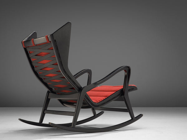 Studio Cassina '572 Rocking' Chair in Ebonized Wood and Red Upholstery