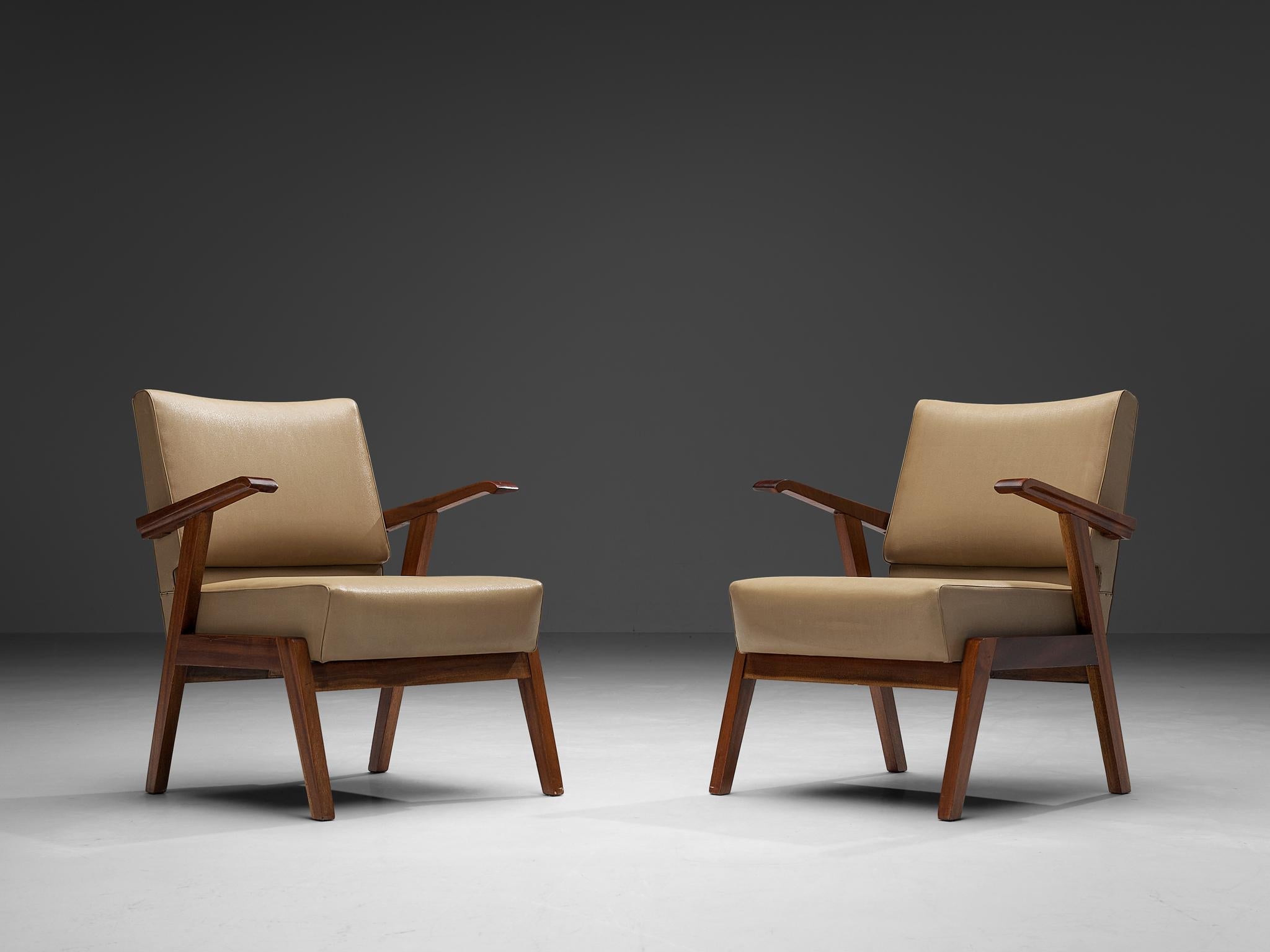 Italian Pair of Armchairs in Beige Upholstery and Walnut