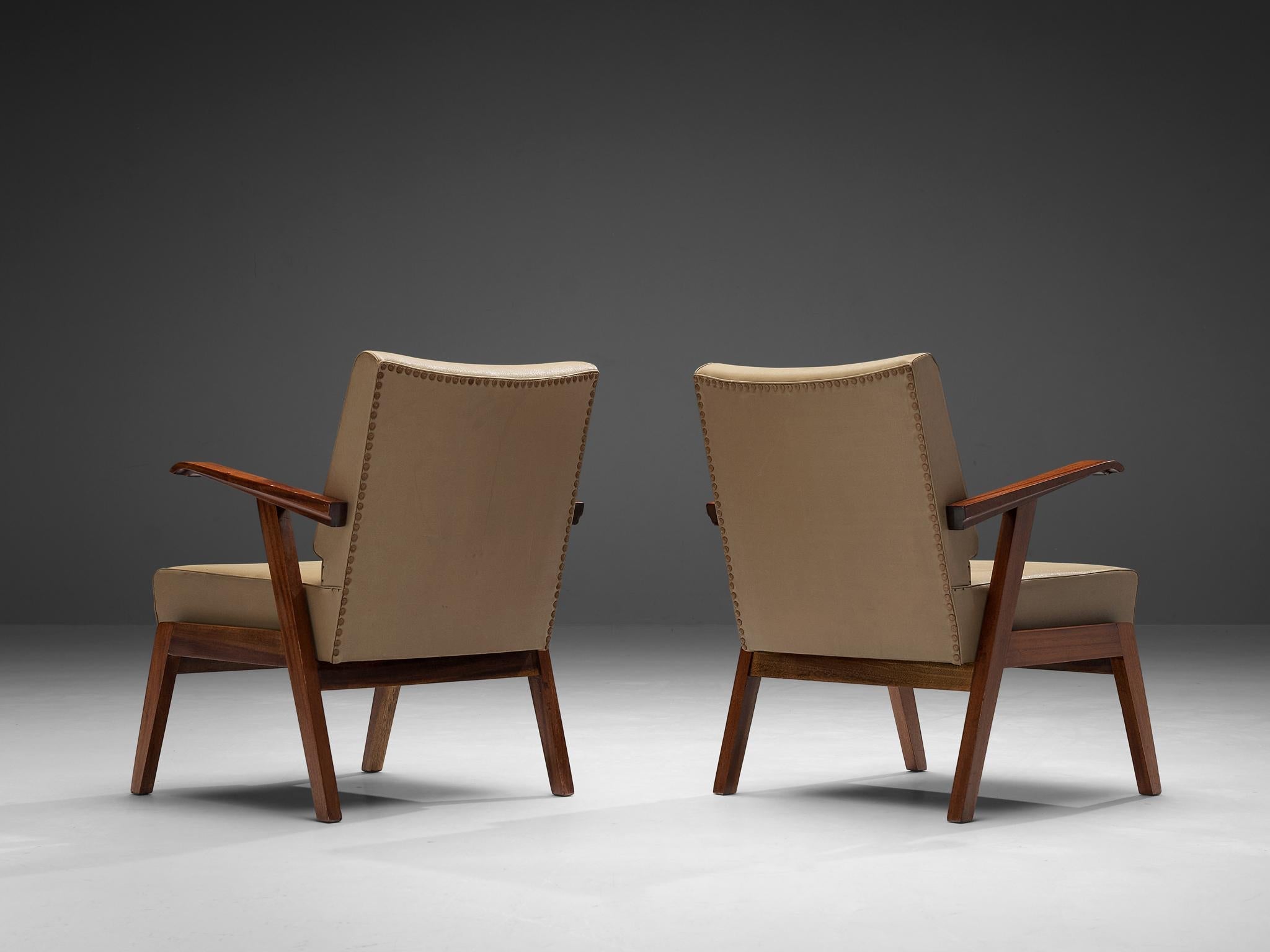 Italian Pair of Armchairs in Beige Upholstery and Walnut