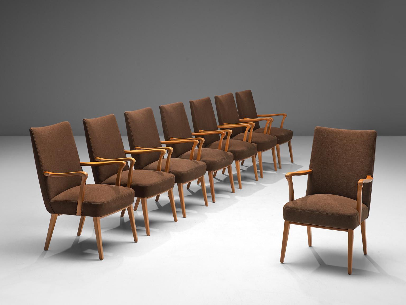 Danish Set of Eight Armchairs in Brown Upholstery and Stained Wood