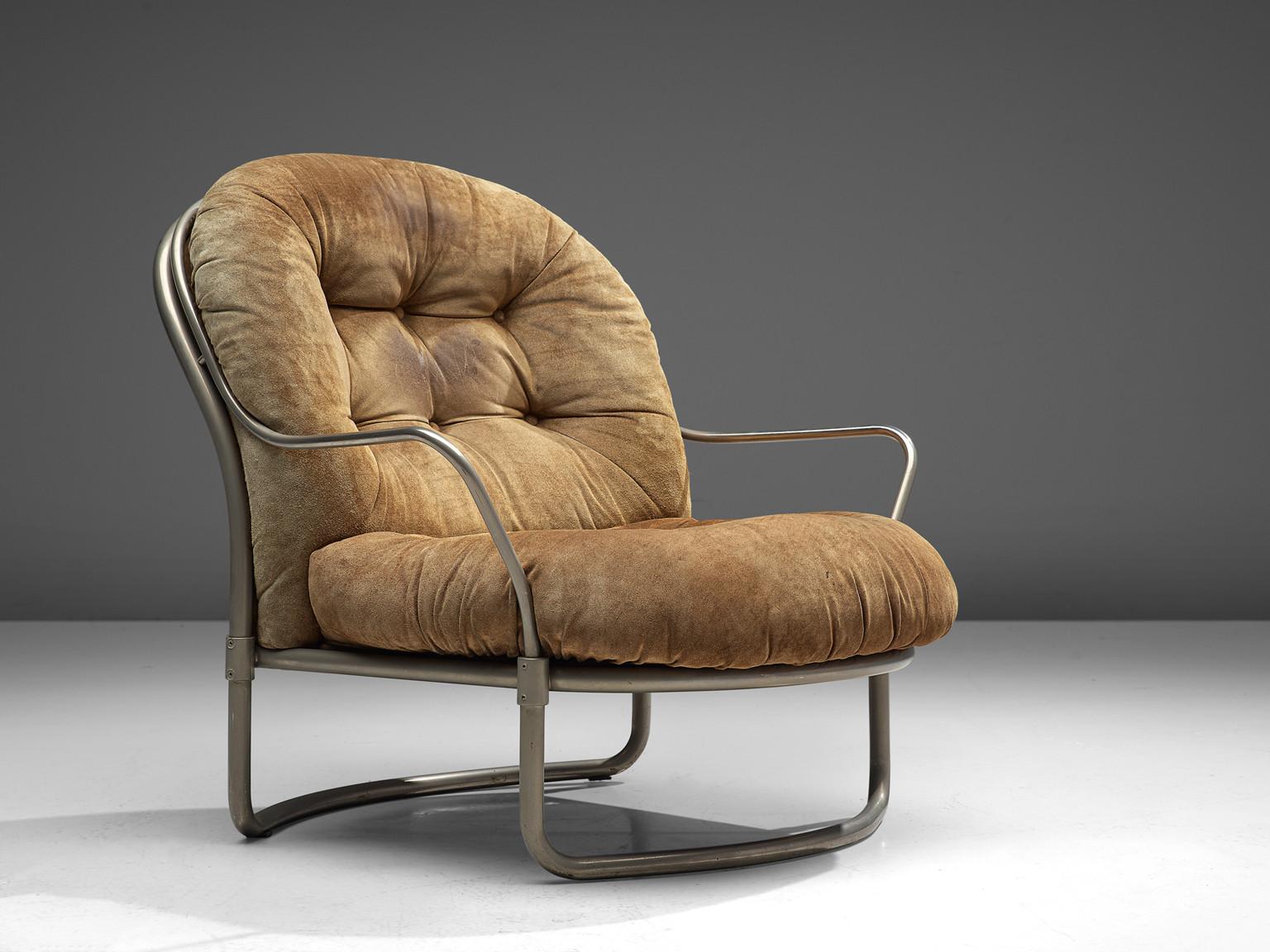 Carlo De Carli for Cinova Lounge Chair in Beige Suede and Steel