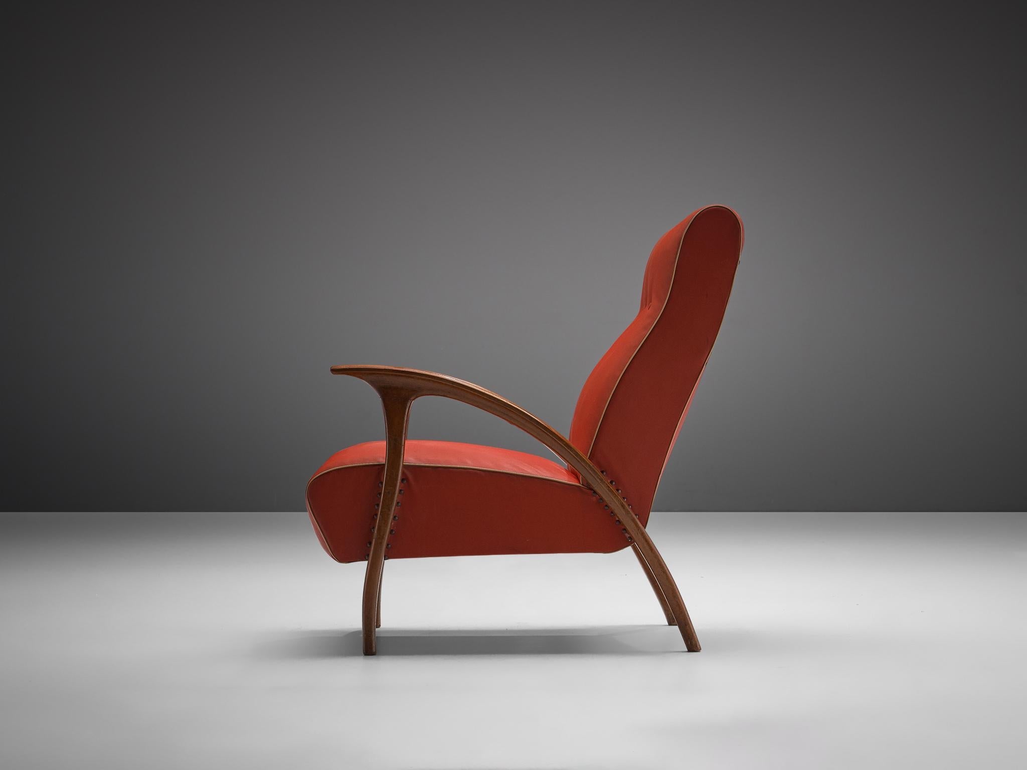 Mid-Century Modern Italian Lounge Chair in Walnut and Red Upholstery