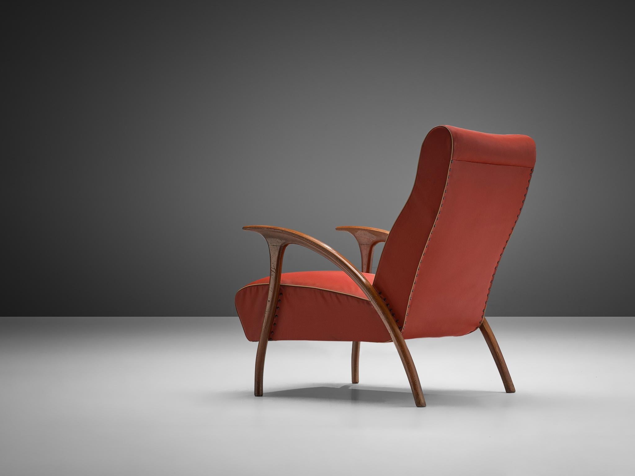 Mid-Century Modern Italian Lounge Chair in Walnut and Red Upholstery