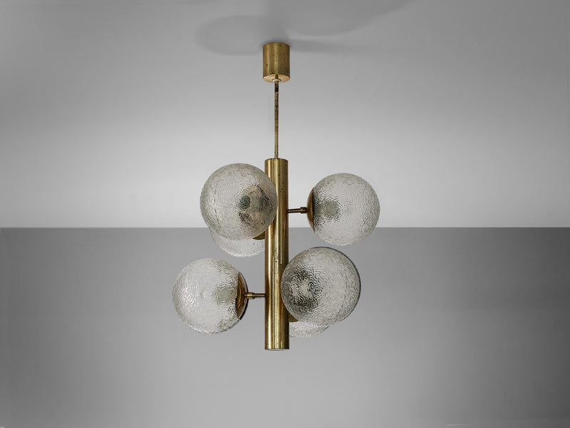 Sputnik Chandelier with Six Textured Glass Globes and Brass