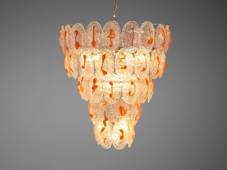 Italian Chandelier in Structured Glass with Orange Detailing