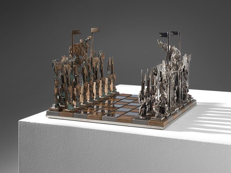 Sculptural Italian Chess Game in Metal and Glass