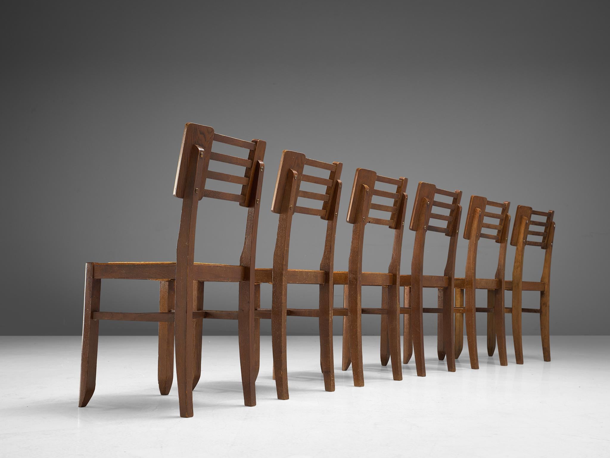 Pierre Cruège Set of Six Dining Chairs in Oak and Straw