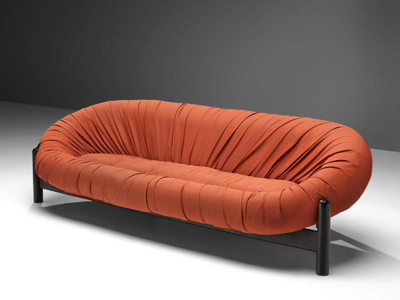 Round Brazilian Sofa in Red Upholstery and Black Wooden Frame