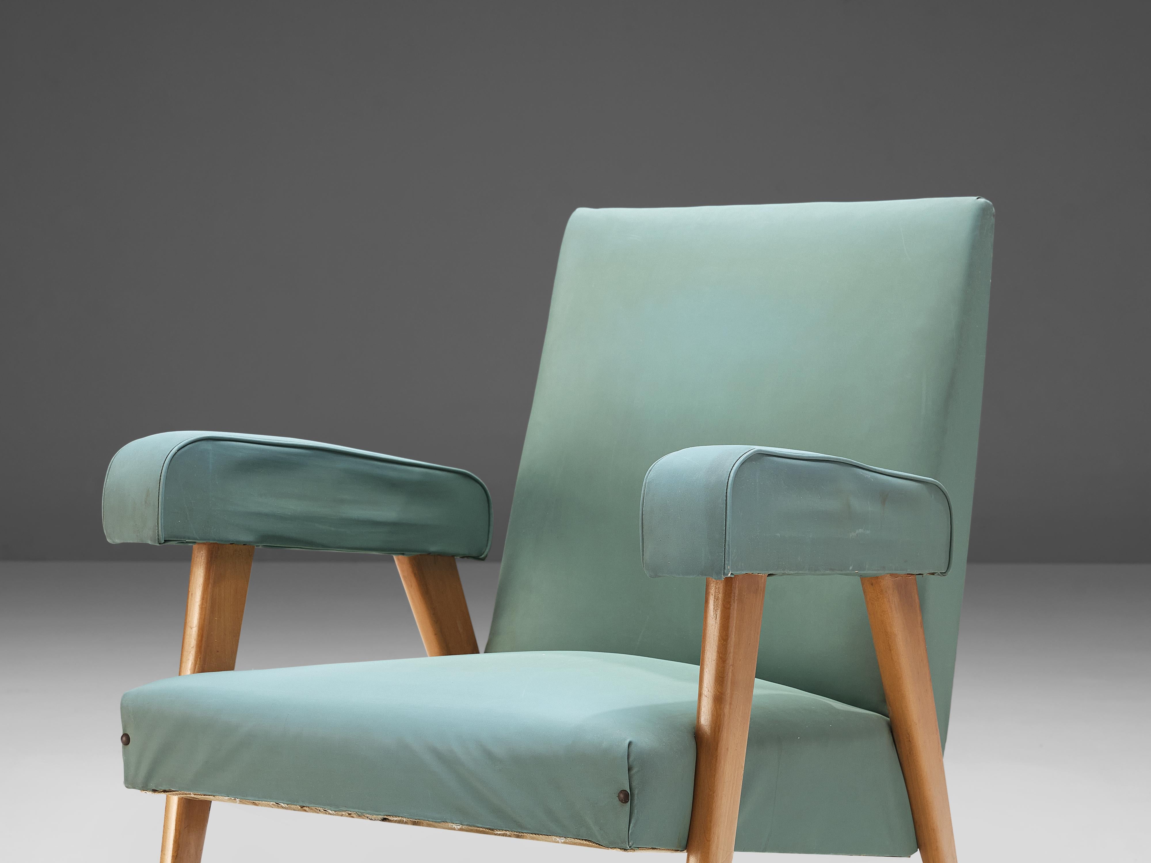 Italian Pair of Lounge Chairs in Blue and Mint Green Upholstery and Cherry
