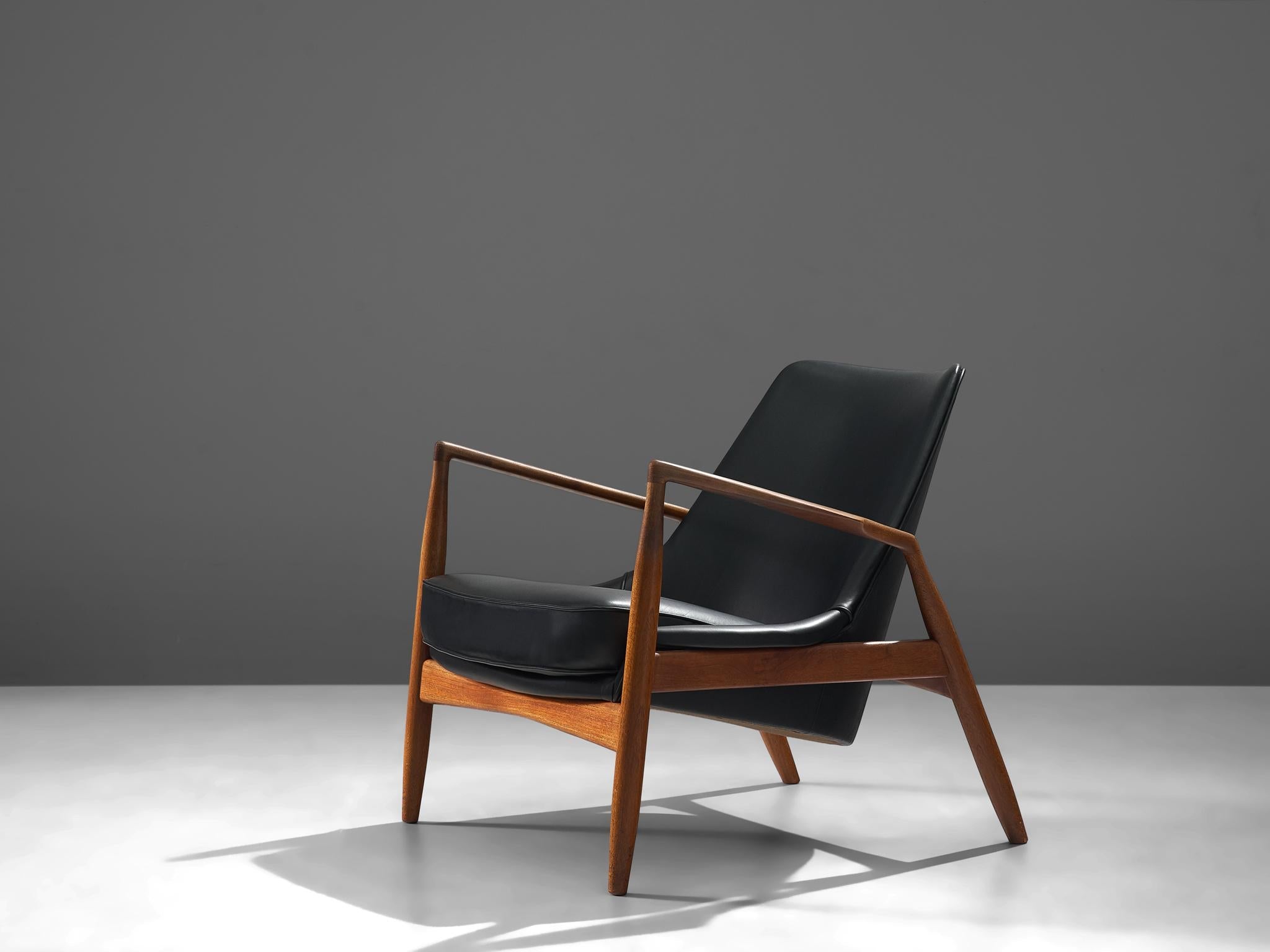 Ib Kofod-Larsen Lounge Chair in Black Leather and Teak