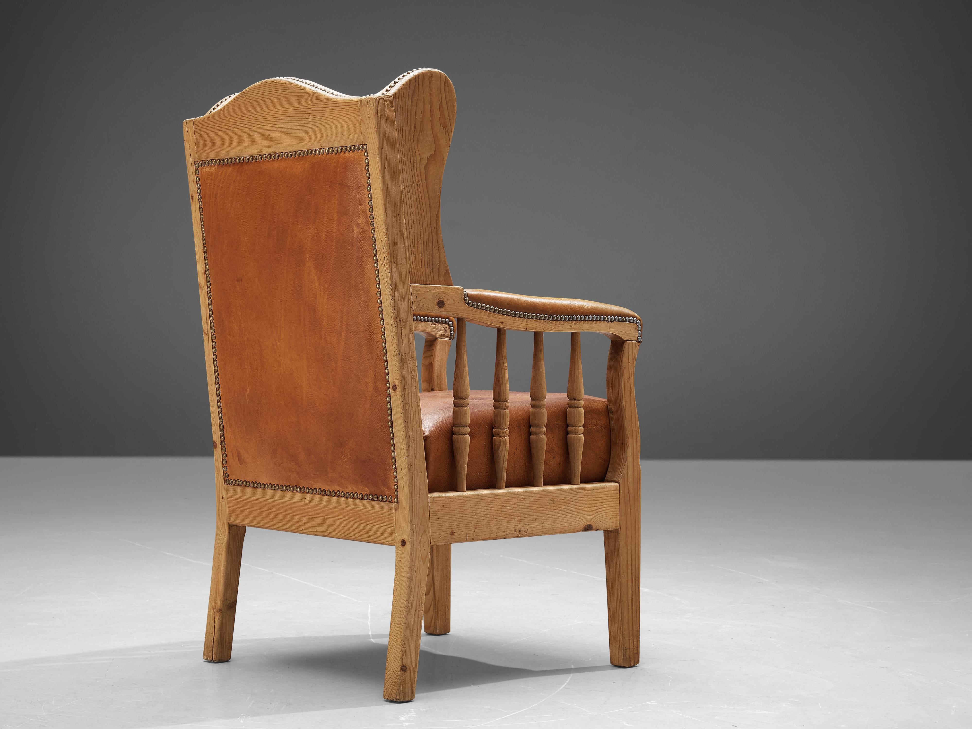 Danish Wingback Lounge Chair in Original Cognac Leather