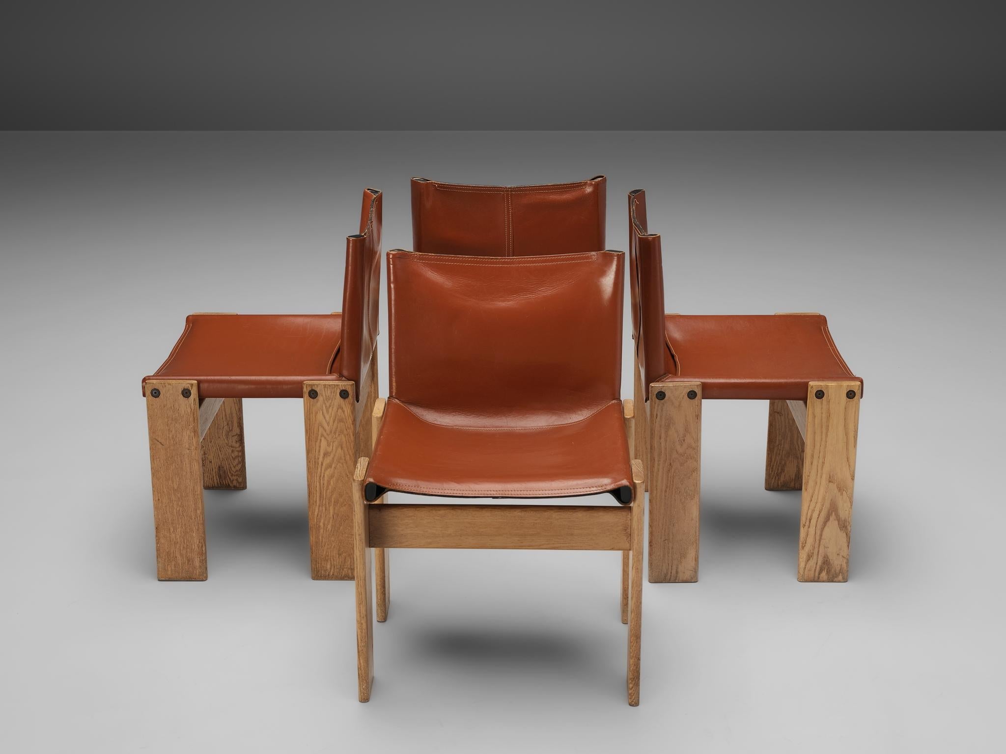 Afra & Tobia Scarpa Set of Four 'Monk' Dining Chairs in Red Leather and Ash
