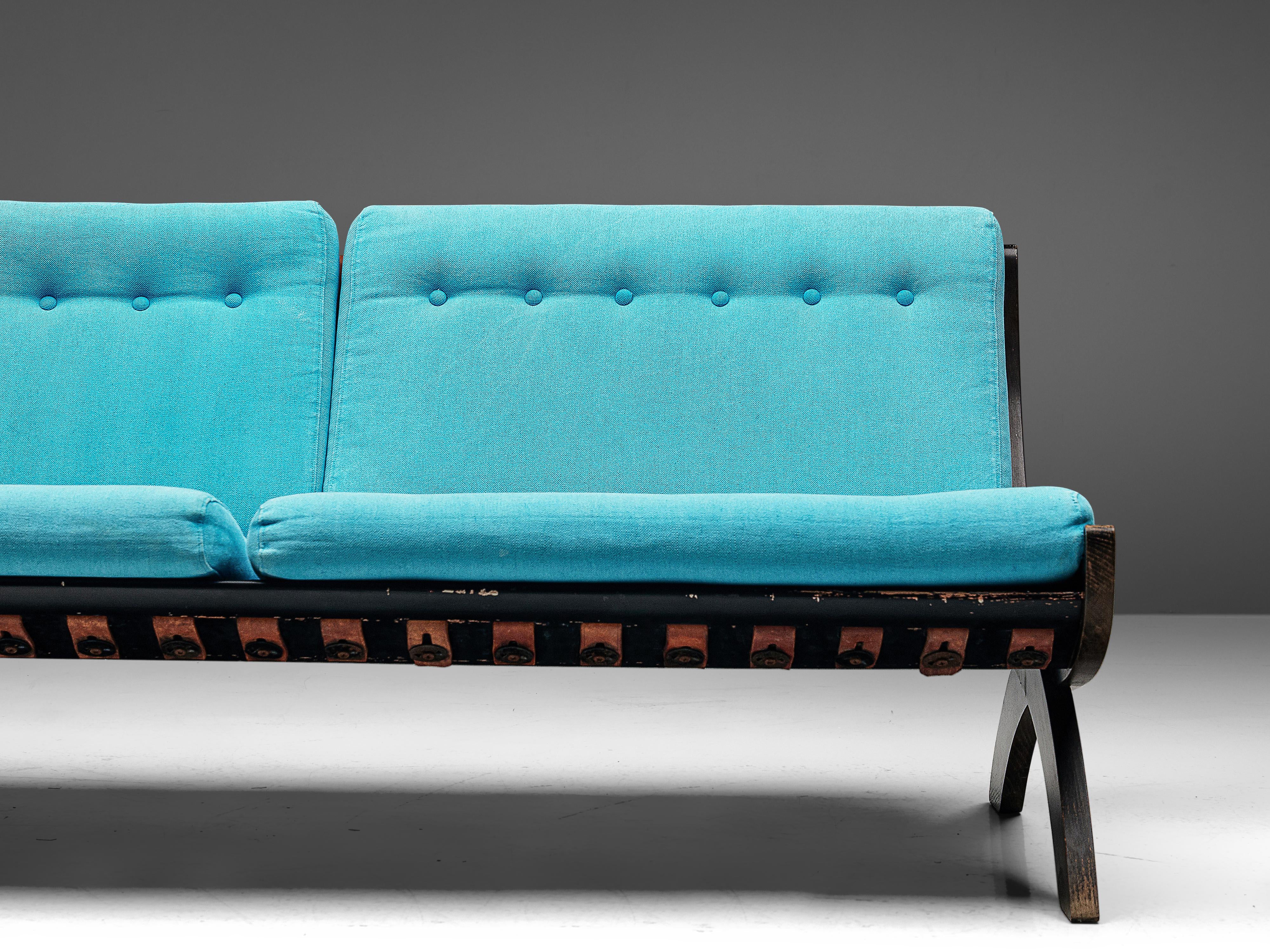 Marco Comolli Sofa Model 'CP1' Sofa in Walnut and Turquoise Upholstery