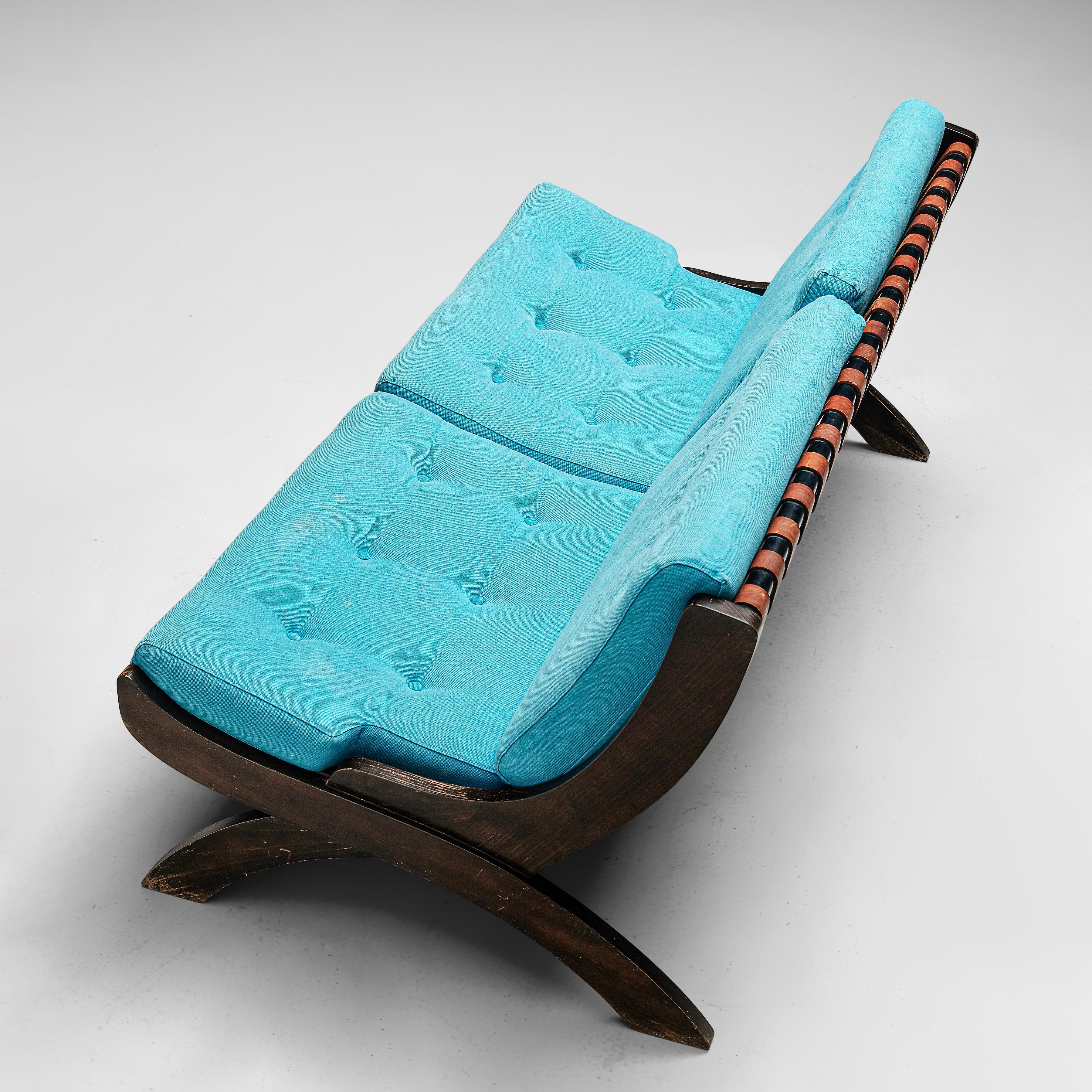 Marco Comolli Sofa Model 'CP1' Sofa in Walnut and Turquoise Upholstery