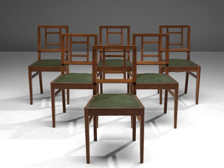 French Art Deco Set of Six Dining Chairs in Darkened Oak