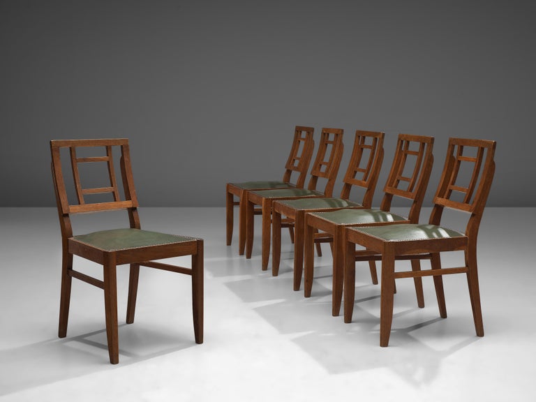 French Art Deco Set of Six Dining Chairs in Darkened Oak